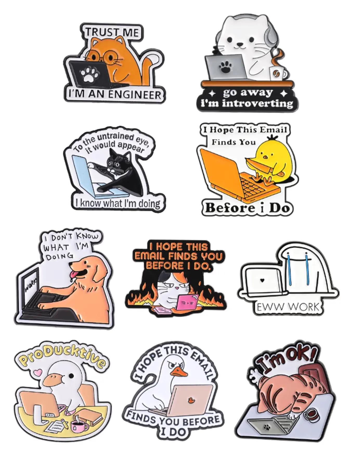 10pcs Funny Office Worker Animal Enamel Pins, Alloy Brooch Pin, Cat Dog Duck Introvert Engineer Email Meme Lapel Brooch Set, Coworker Backpack Decor Gift