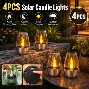 4PCS Solar Candle Lights Outdoor, Waterproof Flickering Flameless LED Garden Pathway Lamps, Solar Powered Auto On/Off Warm Glow Decorative Cup Lanterns for Patio Yard Lawn Walkway Wedding Party Balcony Porch Tabletop Landscape Decor