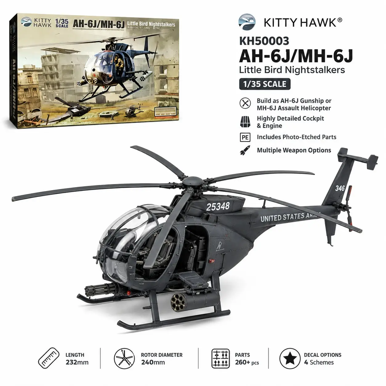 Kitty Hawk 50003 1/35 Scale Ah-6j/mh-6j Nightstalkers Model Kit, Detailed Military Aircraft Hobbyist Gift, No Figure Included, Collectible Model