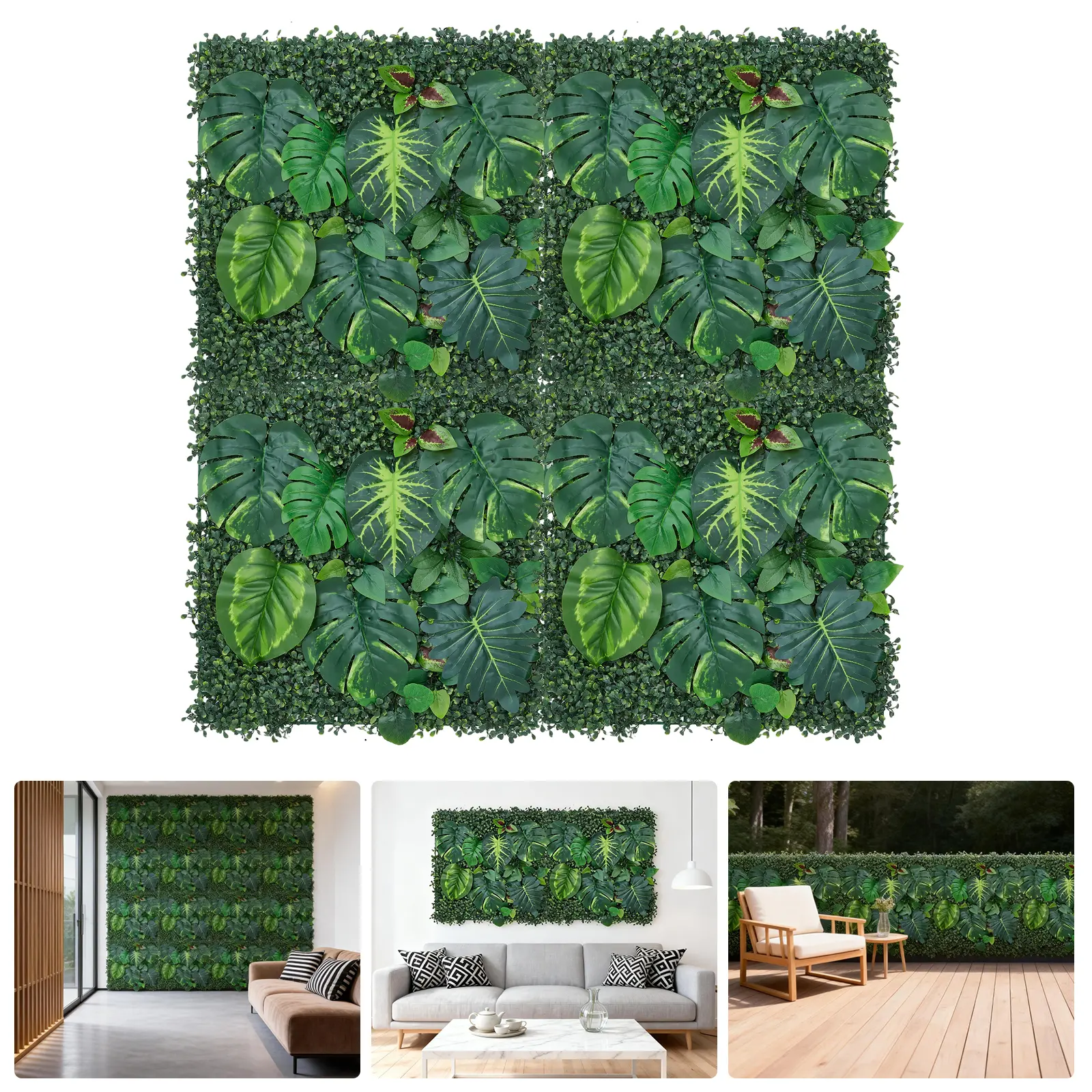 4PC Artificial Greenery Wall Panels,Mixed Faux Boxwood Hedge with Monstera and Money Leaf, Privacy Fence Screen