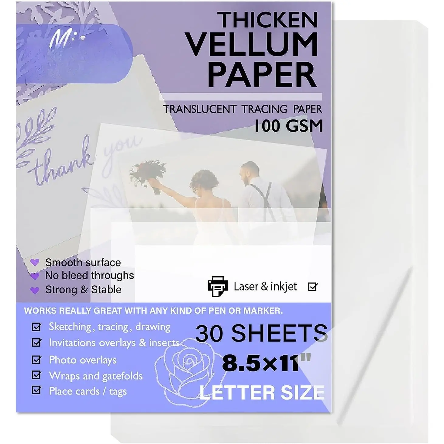 Vellum Paper 8.5 x 11 Translucent Printable 100gsm/68lbs Vellum Tracing Paper Translucent Vellum Paper for Invitation Greeting Cards Tracing Paper Pad for Drawing Sketching Writing (30 Sheets)