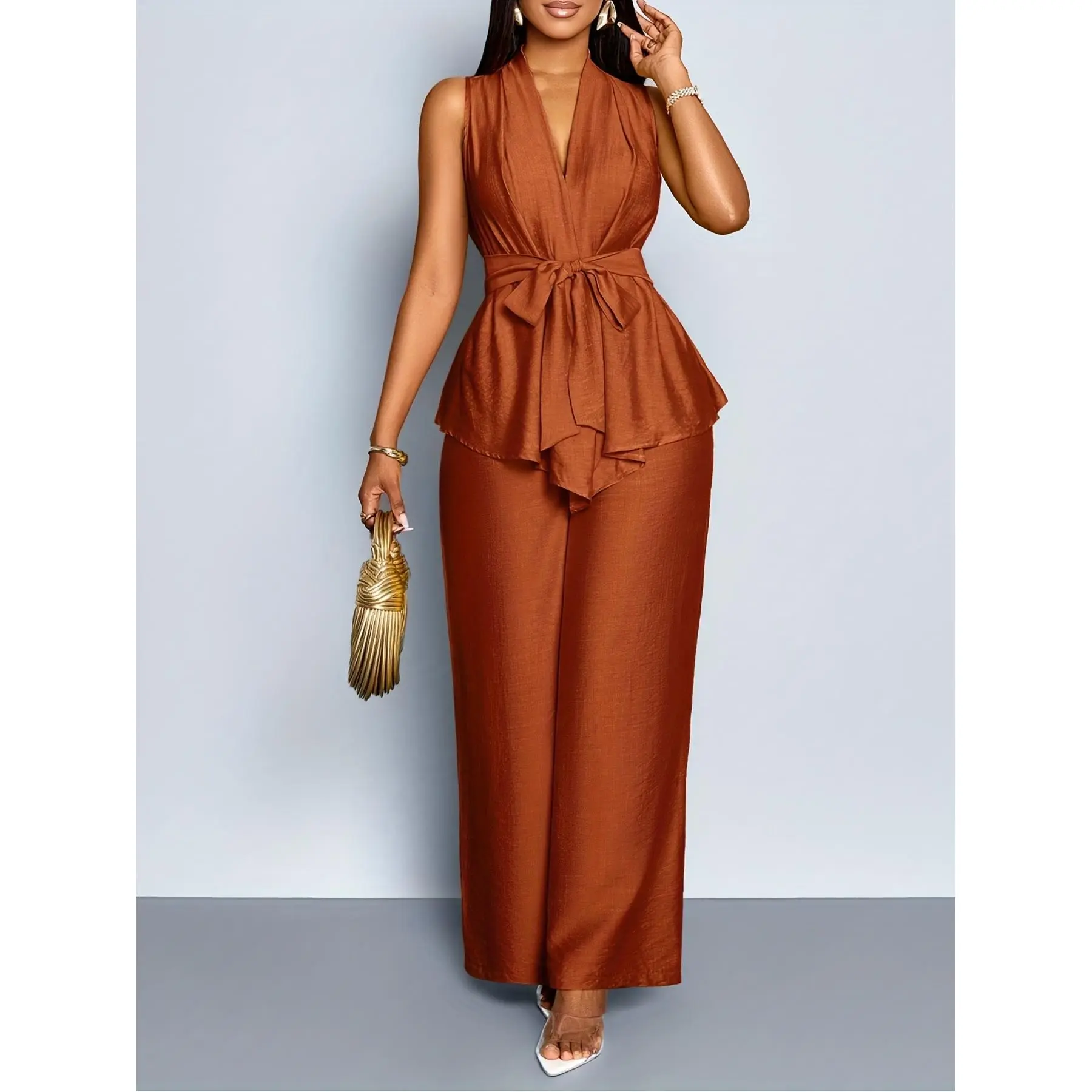 Women's Spring/Summer Elegant Vacation Style Daily Wear Sleeveless Top with Asymmetric Hem + Wide-Leg Pants 2pcs Set, Casual 2pcs Outfit for Wedding Season, Music Festivals, Easter, Western, Bohemian, Nashville Style, Parties, Weddings