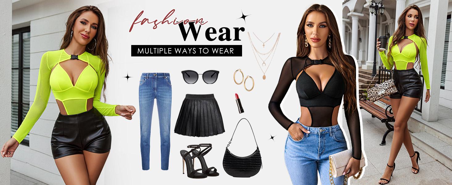 Rave Outfits for Women Festival Sexy Lingerie Bodysuit Buckle Shrug Crop Top Set