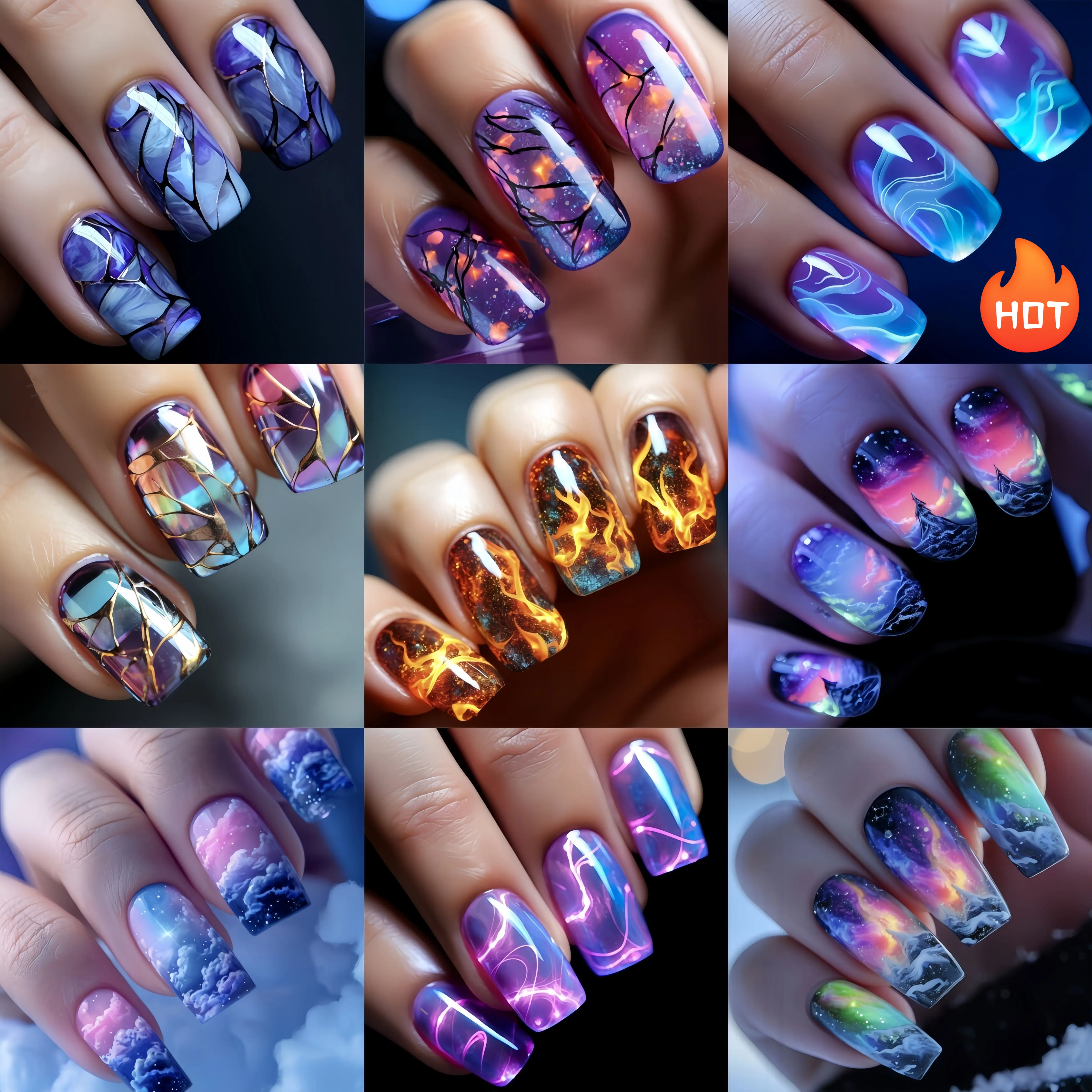 216pcs press-on nails 🔥   [Beauty queen, must-have combos]   Press-On Nail Set,a must-have for looks, Medium-Length Blue Stripe Design with Snow Mountain, Aurora, Flame, and Cloud Gradient Patterns. Removable Artificial Nails,  Ready-to-Wear Nail Kit in B