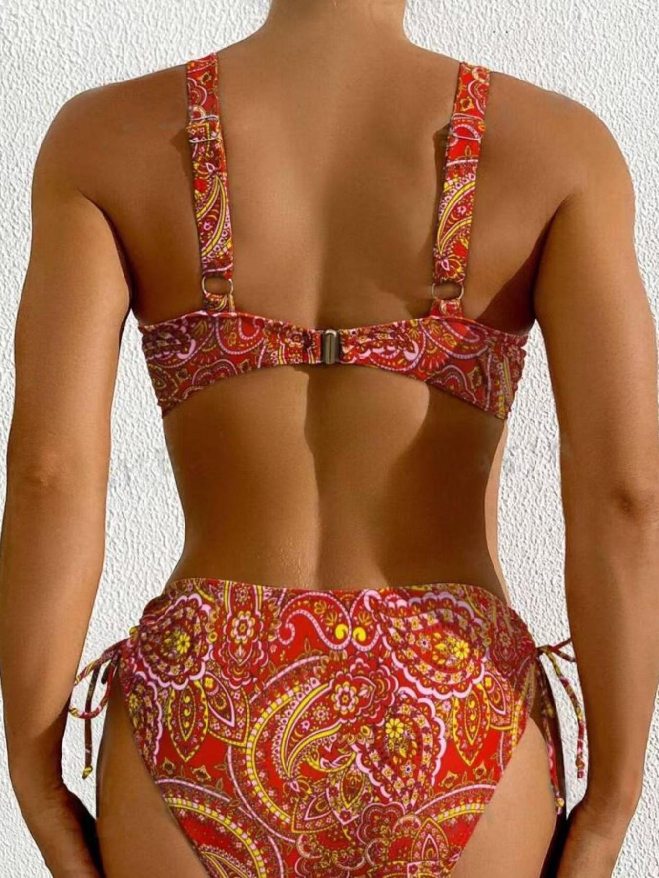 Two-Piece Set Women's Paisley Print Bikini Set, Casual Adjustable Strap V Neck Swim Top & Tie Side Swim Bottom, Ladies Swimsuit for Beach Holiday Vacation, Bikinis Sets, Ethnic Pattern Bikini