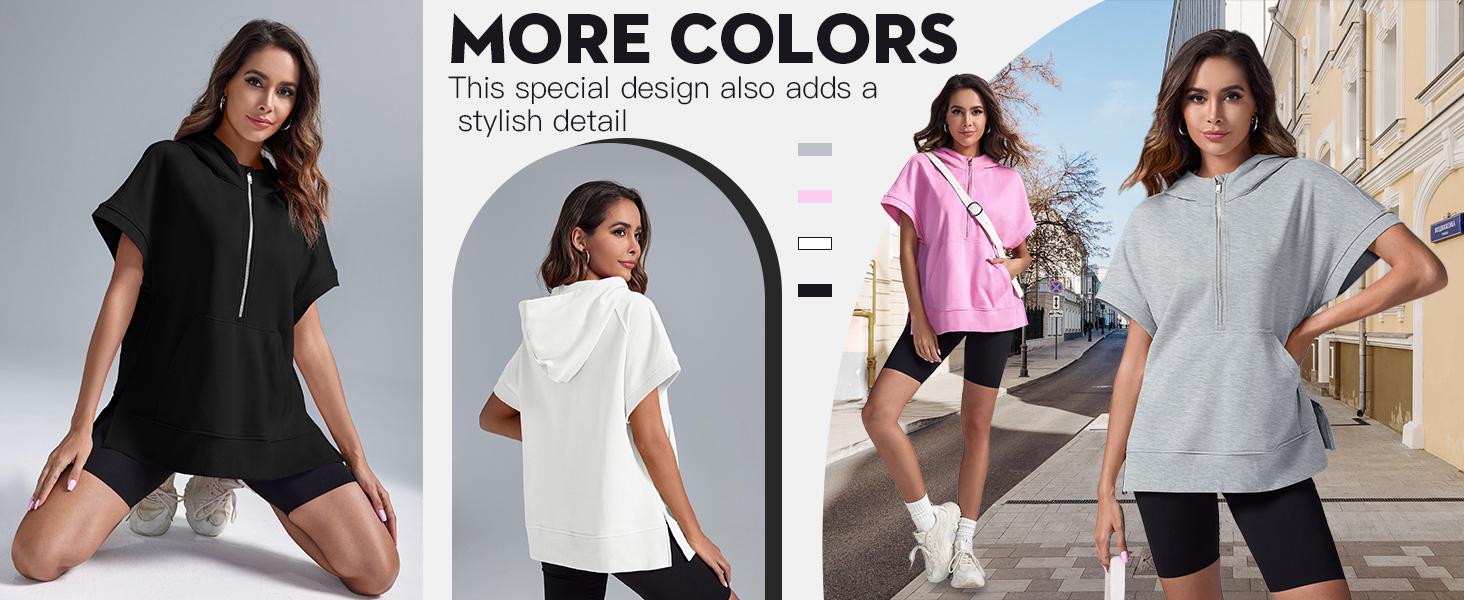 FMEYOA Womens Oversized Half Zip Hoodies Short Sleeve Casual Sweatshirts Pullover Tops with Pockets