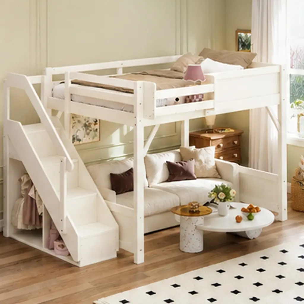 ARCH Full Size Loft Bed with Built-in Wardrobe and Storage Space, Solid Wood Loft Bed with Beside Shelves, Full-length Guardrails and Stairs, No Box Spring Needed, Beige, Bedroom Furniture for Bedroom, Guest Room, Kids Room, Teen Room