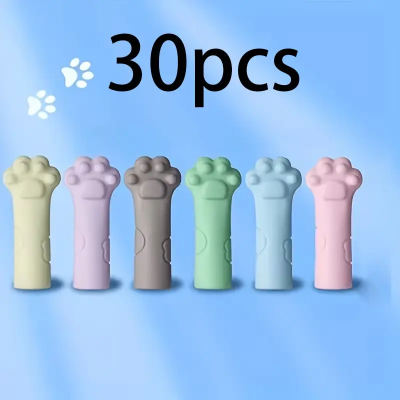 30pcs Cute Cat Paw Erasers, Random Colors, Blue, Pencil Cap with Writing Stand, Durable PP Material, School Office Home Use