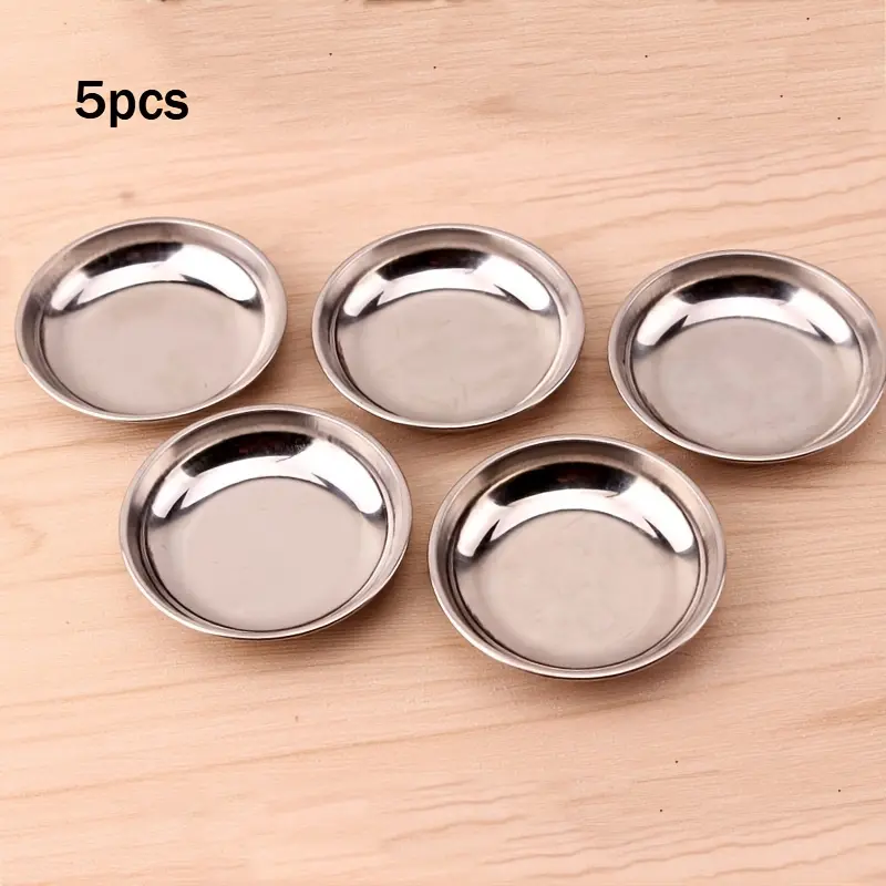 5-piece stainless steel round mini-plates-small dip plates and flat seasoning plates, suitable for kitchens and restaurants, durable and easy to clean, and ideal for holding dipping sauce.