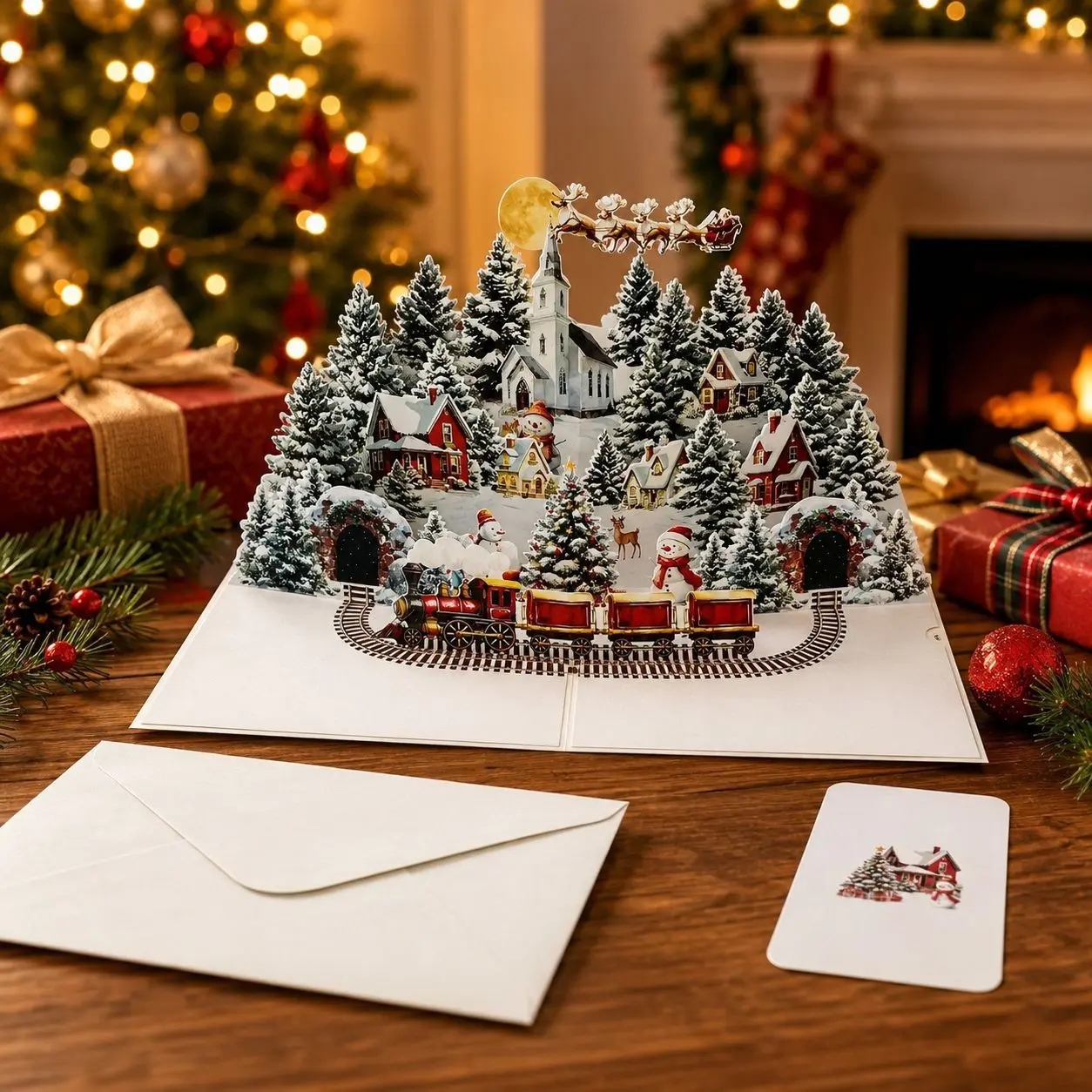 3D Pop Up Christmas Card, Christmas Eve Scene Greeting Card with Santa Claus, Reindeer, Snow Village & Moonlit Sky, Detailed Illustrated Holiday Design, Festive Greeting Card for Family & Friends