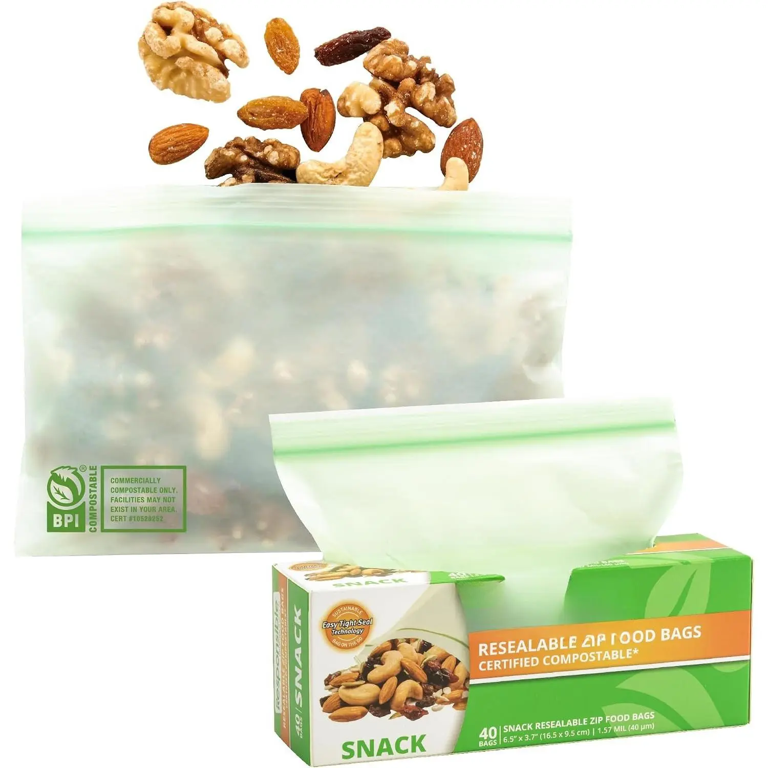 Certified Compostable SNACK Resealable Zip Bag, Extra Strength  Bags, -Based Freezer-Safe (40 Pack)