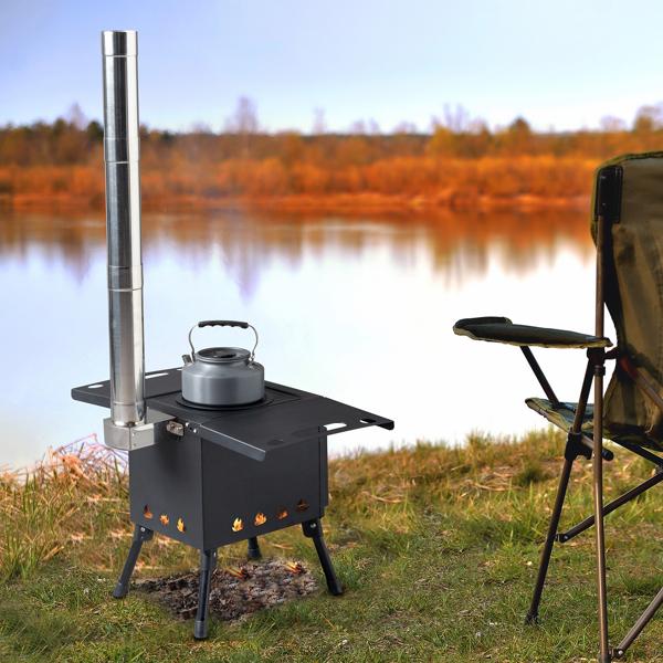Portable Wood Burning Stove for Tent & Camping, Carbon Steel Folding Heater with 3 Chimney Pipes & Fire Blanket for Ice Fishing, Hunting & Cooking