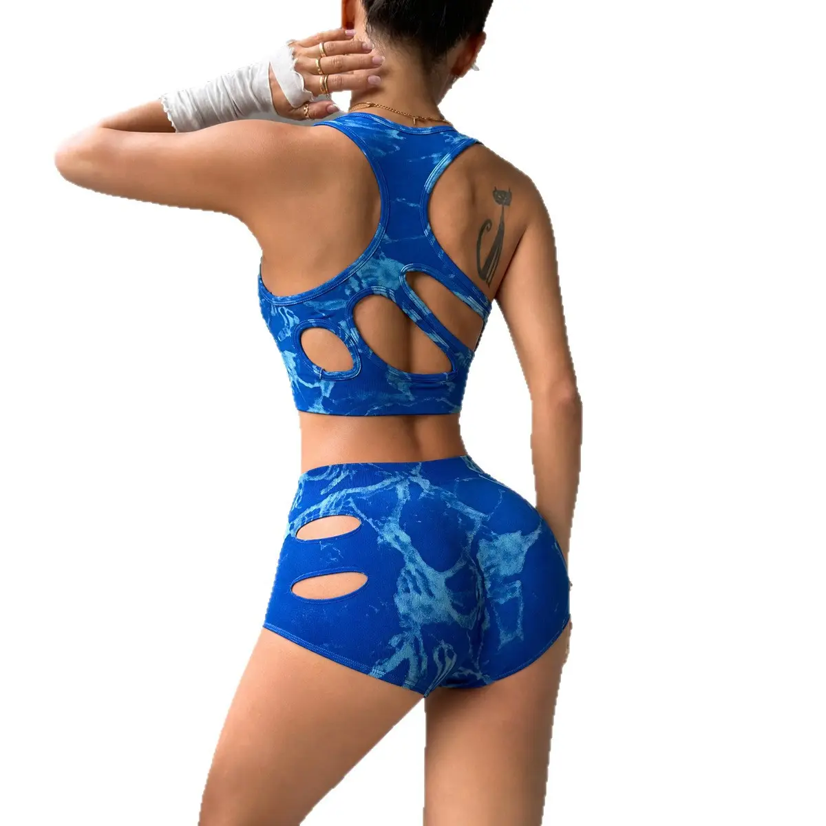 Seamless one-shoulder tie-dye sports tank top & quick-dry breathable compression leggings yoga set for women
