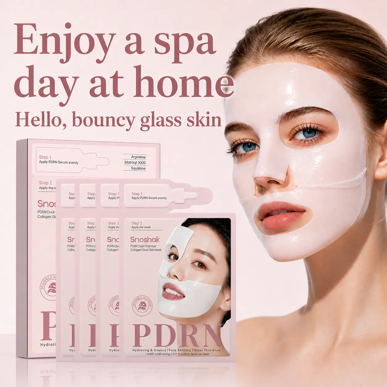 SNOSHAK PDRN Dual-Chamber Collagen Glass Skin Mask  Salmon DNA Hydrating & Bouncy, Pore Refining, Glass Skin Glow, Overnight Face Mask for Glass Glow Skin, Argireline, Matrixyl 3000, Squalane