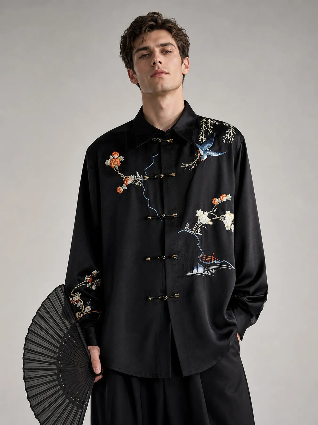 1 PC Men's Spring-Autumn New Chinese-style Floral Bird Pattern Button-Down Shirt, Large Size, Traditional Chinese Style Embroidery, Long-Sleeved Shirt, Casual Blazer with Collar, Soft and Breathable, Suitable for Daily Commuting and Parties