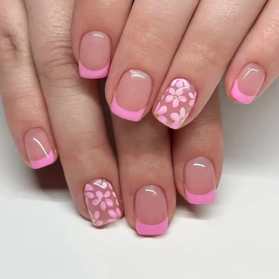 24pcs Short Square French Press-On Nails, Glossy Floral French Nail Art Fake Nails, Reusable Summer Daily Wear, Suitable for Women and Girls, Press On Sets