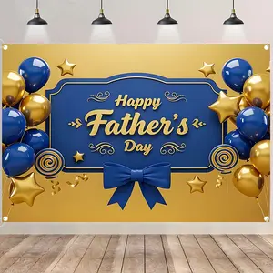 Luxury Large Happy Father's Day Backdrop Banner, Blue Gold Father's Day Party Decorations Photography Background, Photo Booth Props Wall Decor Gift for Indoor Outdoor Father's Day Celebration Party Supplies