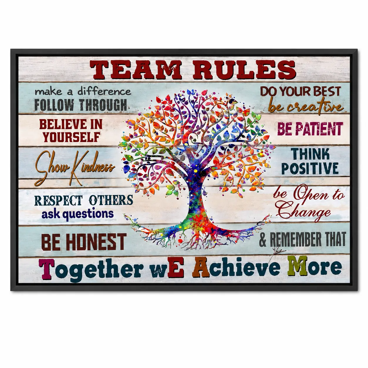 Team Rules Framed Canvas Wall Art, Colorful Tree of Life Motivational Quote Poster, Teamwork Decor for Office Classroom Meeting Room
