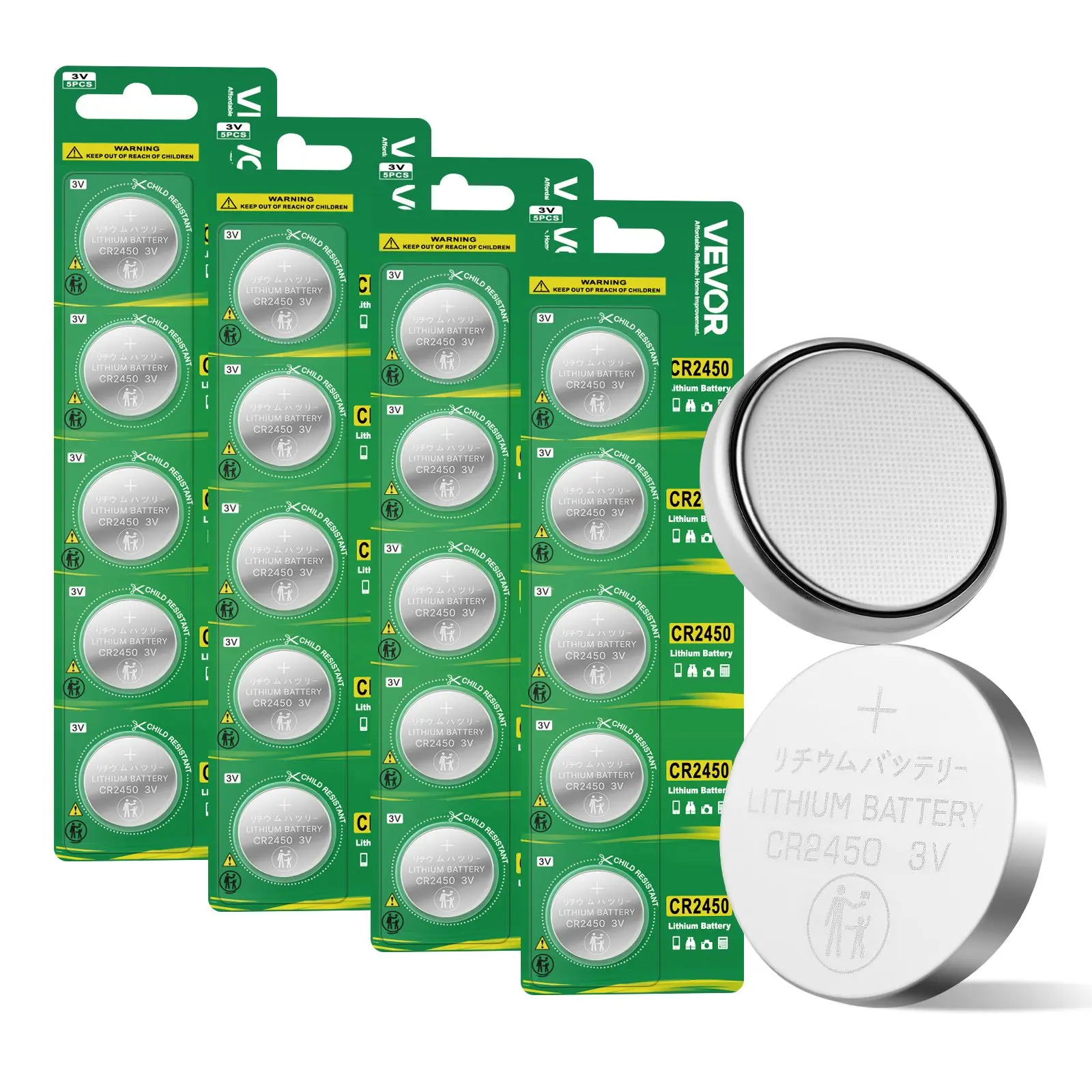 VEVOR CR2450 Lithium Battery, 20 Count (Pack of 4) Lithium Coin Battery, Non-Mercury and Anti-Swallow Designed, Long Lasting 3V CR 2450 Cell Batteries, for Key Fobs, Glucometers, and Other Devices