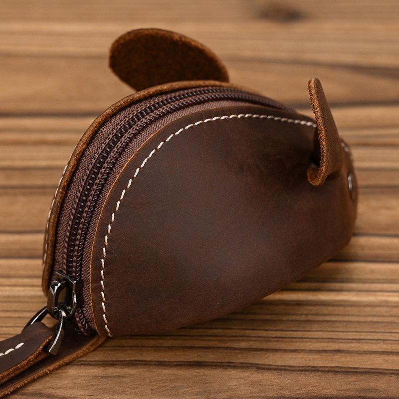 Unisex Crazy Horse Leather Card Holder & Coin Purse | Genuine Cowhide Mini Wallet, Cute Mouse Animal Design, Zipper Closure Slim Card Case, Durable Lightweight EDC Pocket Wallet for Daily Casual Use