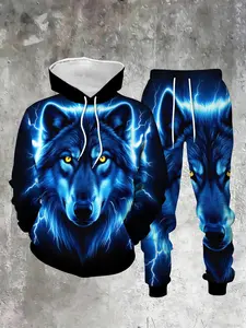 Fashion Casual Blue Wolf Head 3D Digital Print Hoodie Set, Sporty Fitted Long Sleeve Top and Ankle-Length Pants, Fall & Winter Wear