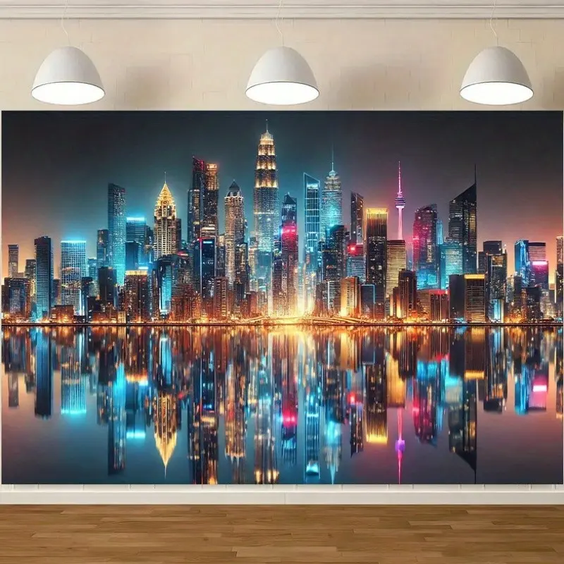 Night City Skyline Backdrop Fabric, Polyester Wall Curtain for Living Room, Bedroom, Office, Home Decor, Party Banner, Holiday Gift