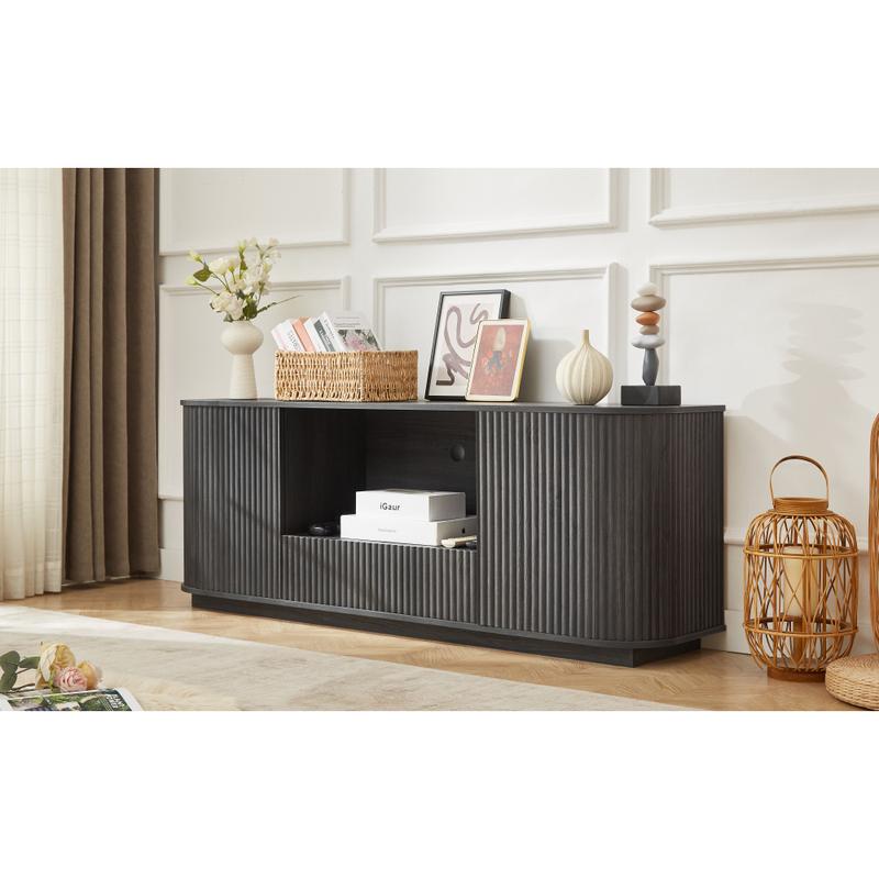 64-Inch Wavy TV Cabinet, Round Sideboard, Wooden Vertical Stripe Storage Cabinet, Aluminum Door Framed Tempered Glass Cabinet for Living Room/Bedroom/Entryway. Black