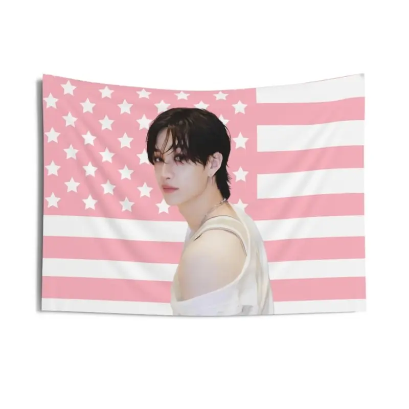 SKZ Kpop Concert Banner |   Pink American Flag Design with Bang Chan Visuals, Durable Polyester Fabric, No Electricity Needed, Perfect for SKZ Kpop Fans & Home Decor, Fan Merchandise, Vibrant Print Quality Y2K Indie Room Decor Wall