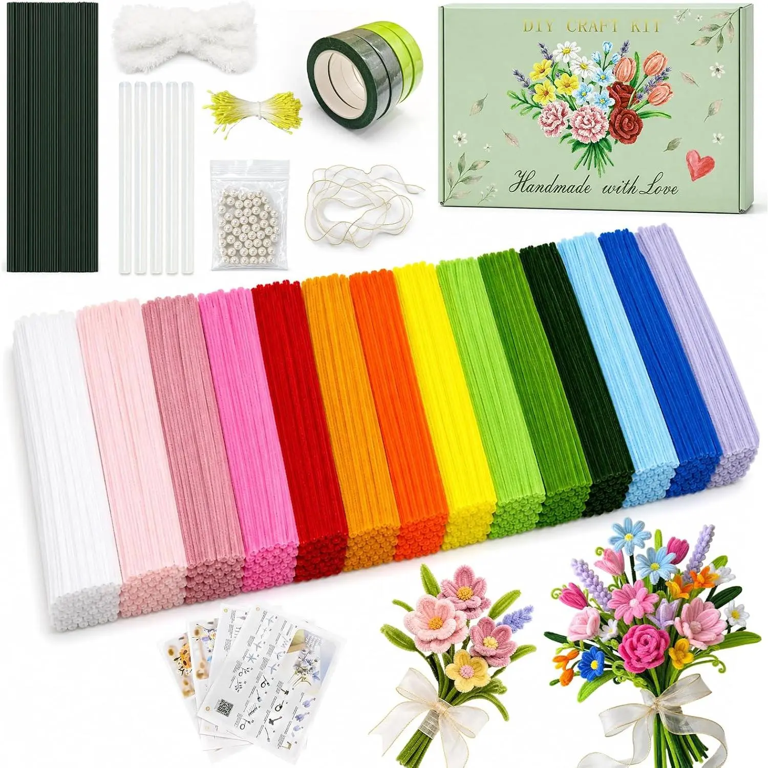 700 count Pipe Cleaners Craft, Pipe Cleaners  Kit, 14 Colors Chenille Stems with Flower Instructions, Art and Craft Supplies