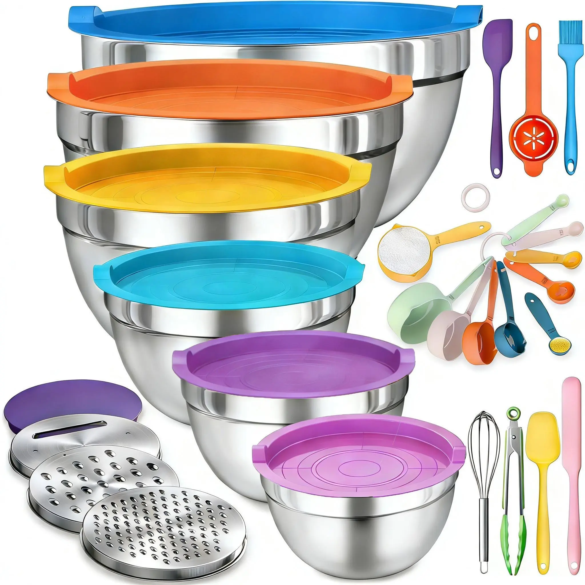 6PCS Round Stainless Steel Nesting Mixing Bowls Set with Airtight Lids, 3 Grater Attachments & Non-Slip Bottoms - Kitchen Utensils, Tableware for Cooking, Serving (Colorful)