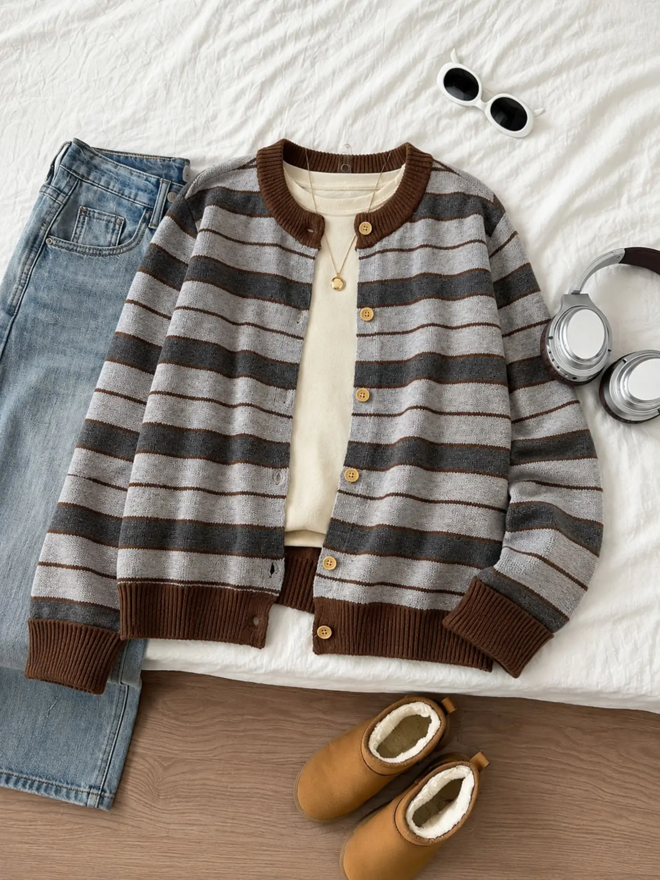 Button-front Striped Knitwear Sweater Cardigan, Autumn/winter Casual Soft Versatile Cropped Sweater Cardigan, Vintage Fashion Striped Women's Outerwear