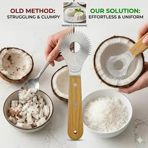 1PCS Reinforced Solid Wood Handle Stainless Steel Coconut Grater, Sharp Serrated Blade for Coconut Pulp Milk Pudding & Meat Scraping