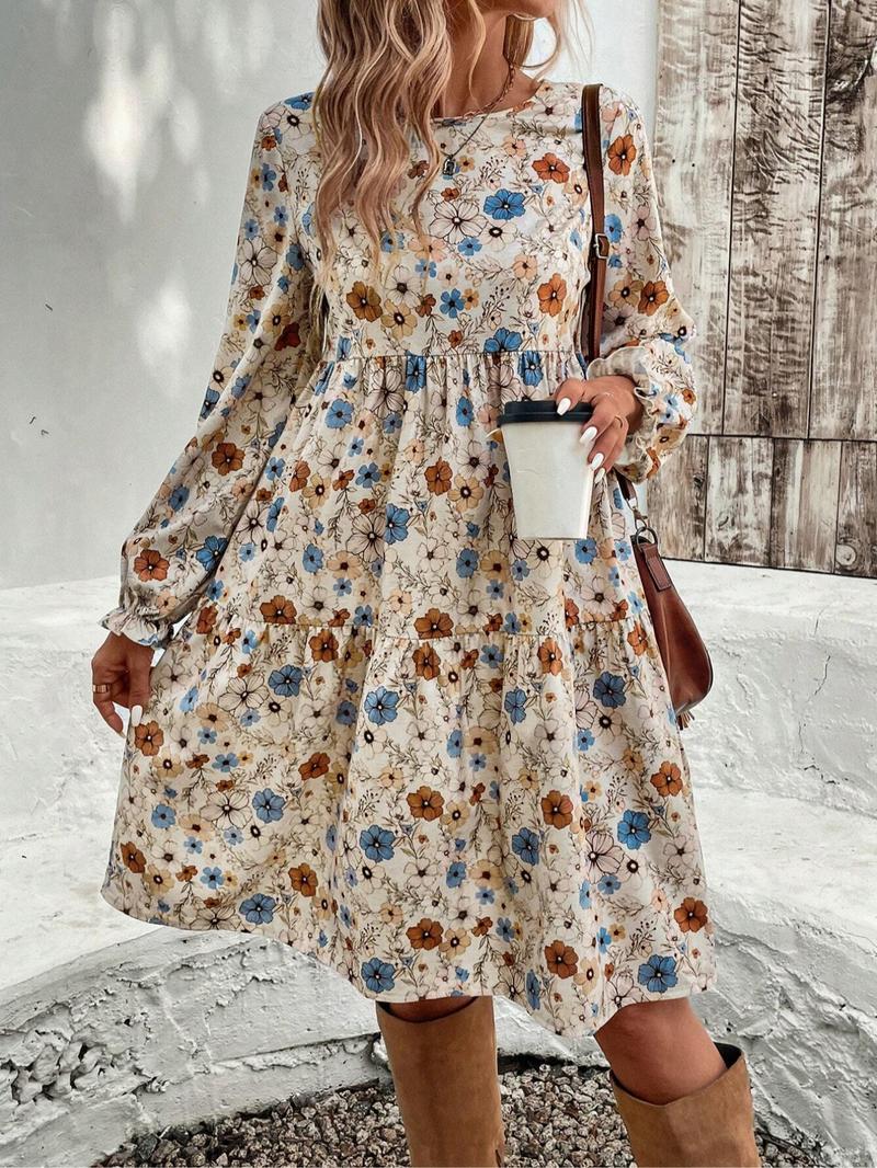 Women's Floral Print Tie Neck Flounce Sleeve Dress, Elegant Fashion Casual Dress for Daily Outdoor Wear, Women Dress for Spring Fall