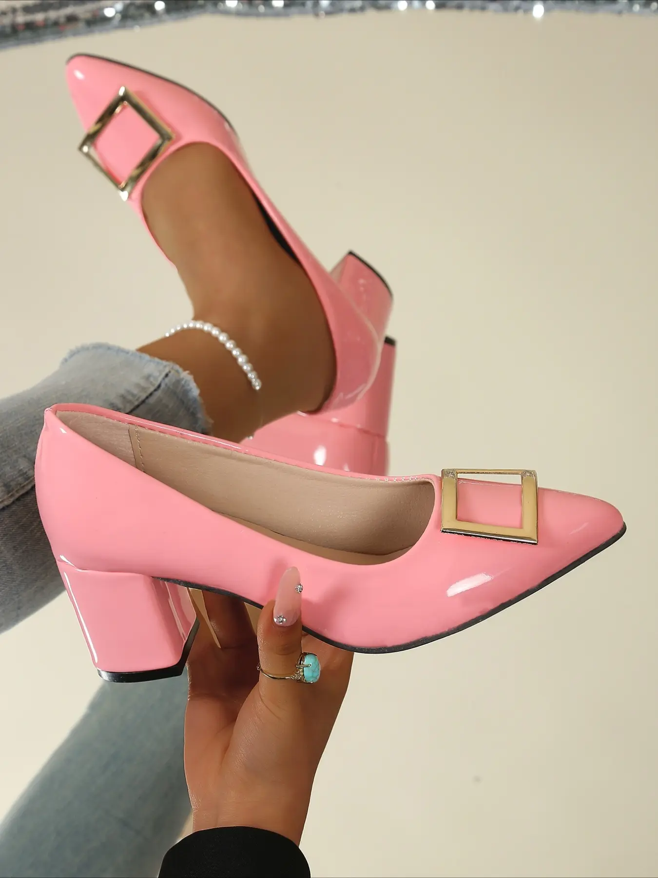 Glossy pointed toe block heel pumps decorated with metal square buckle, stylish dress shoes suitable for daily outfits and dating occasions.