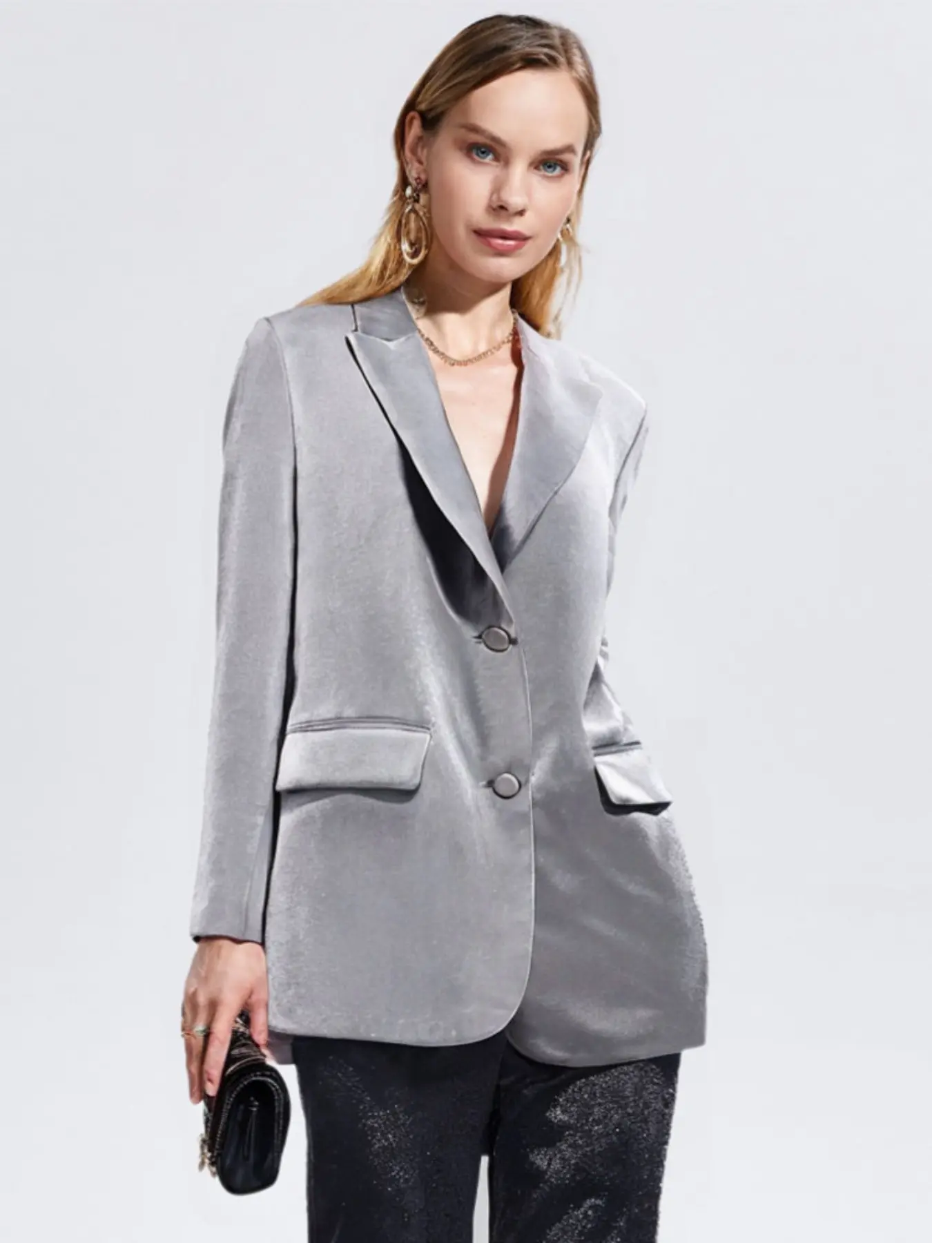Women's Luxury Elegant Chic Satin Blazer, Classic Notch Lapel, Dual Pockets, Straight Fit, Long Sleeve, Smooth Soft Flowing Fabric, Spring & Fall Outerwear