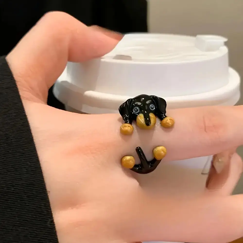 cute dachshund ring - fun black and yellow design, fashionable women's accessories, versatile and suitable for many outfits