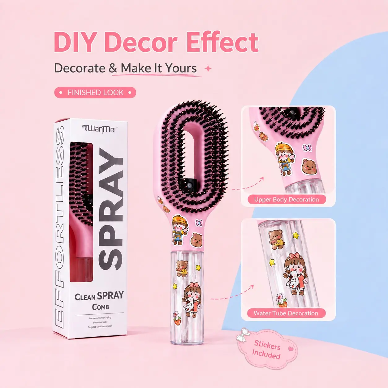 2-in-1 Spray Hairbrush with 6 DIY Stickers – Refillable Spray Brush for Detangling Wet or Dry Hair – Anti-Static Styling Tool – Personalized Gift