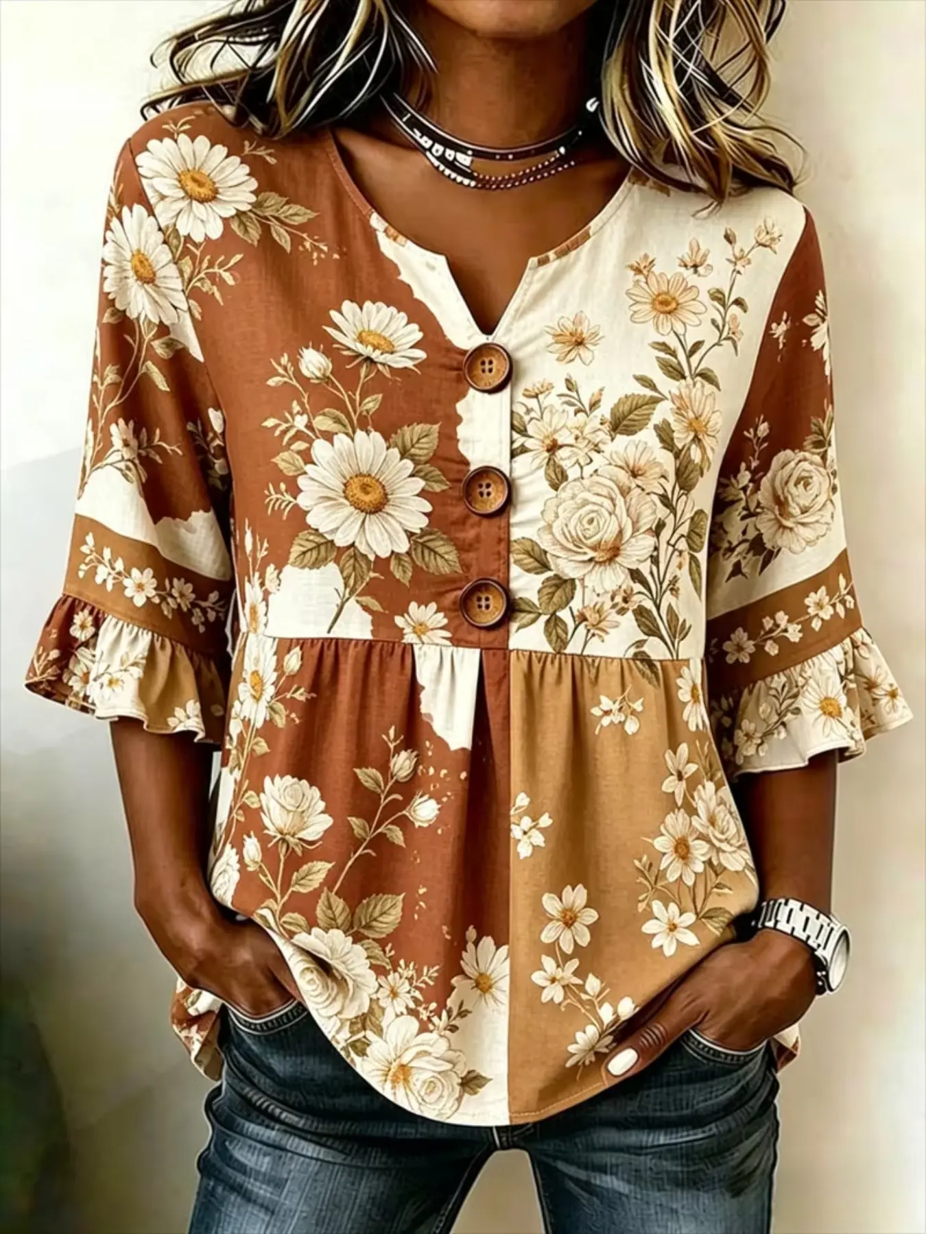 Women Sublimation Printed Peplum Tunic Blouse Top, Notch V‑Neck 3/4 Ruffle Flounce Sleeve Button Decor Shirt, Retro Brown Beige Color‑Block Daisy Rose Floral Patchwork Print for Daily Casual Outfit, Weekend Farm Party, Autumn Gathering and Vintage Country