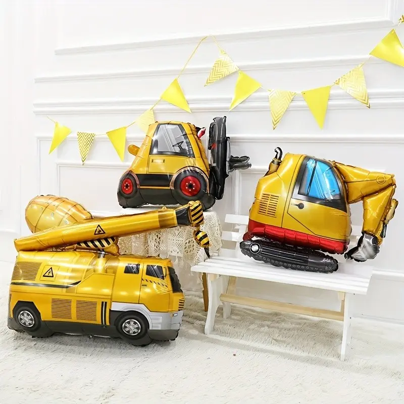 14 building themed balloon sets, including excavator, dump truck, forklift, mixer truck, and crane balloons, as well as golden star balloons, perfect for building themed birthday parties, Balloon Party Supplies
