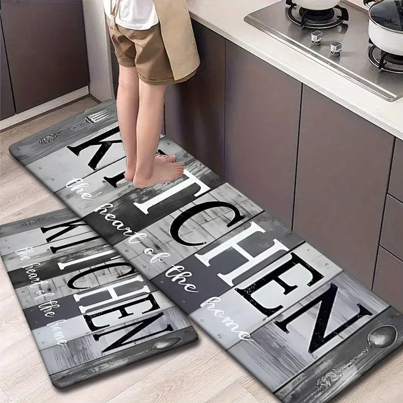 2/3pcs Flannel Kitchen Mat Set, Patchwork Wood Grain Design, Vintage Industrial Style, Non-Slip, Absorbent, Flannel Floor Mat