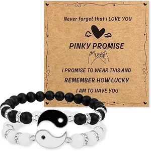 Yin and Yang Natural Stone Beaded Friendship Bracelets for Couples - Flexible Size, Long-Distance Touch, Pinky Promise Graduation Gifts