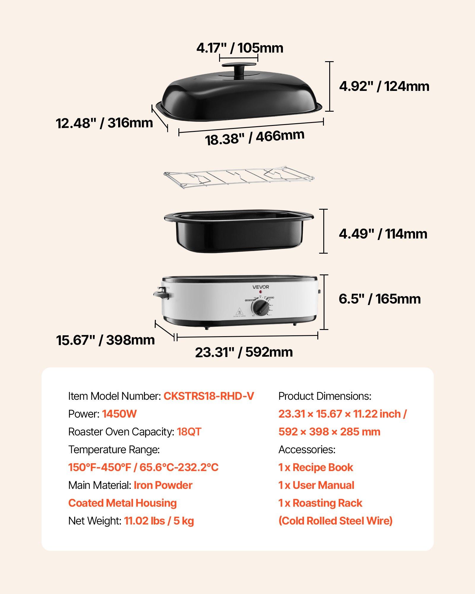 VEVOR Roaster Oven, 18QT Electric Roaster Oven, 150-450 ℉   Adjustable Temperature Electric Roasting Pan, Multifunctional Electric Roasters Oven with Self-Basting Lid, Removable Pan and Rack for Holiday