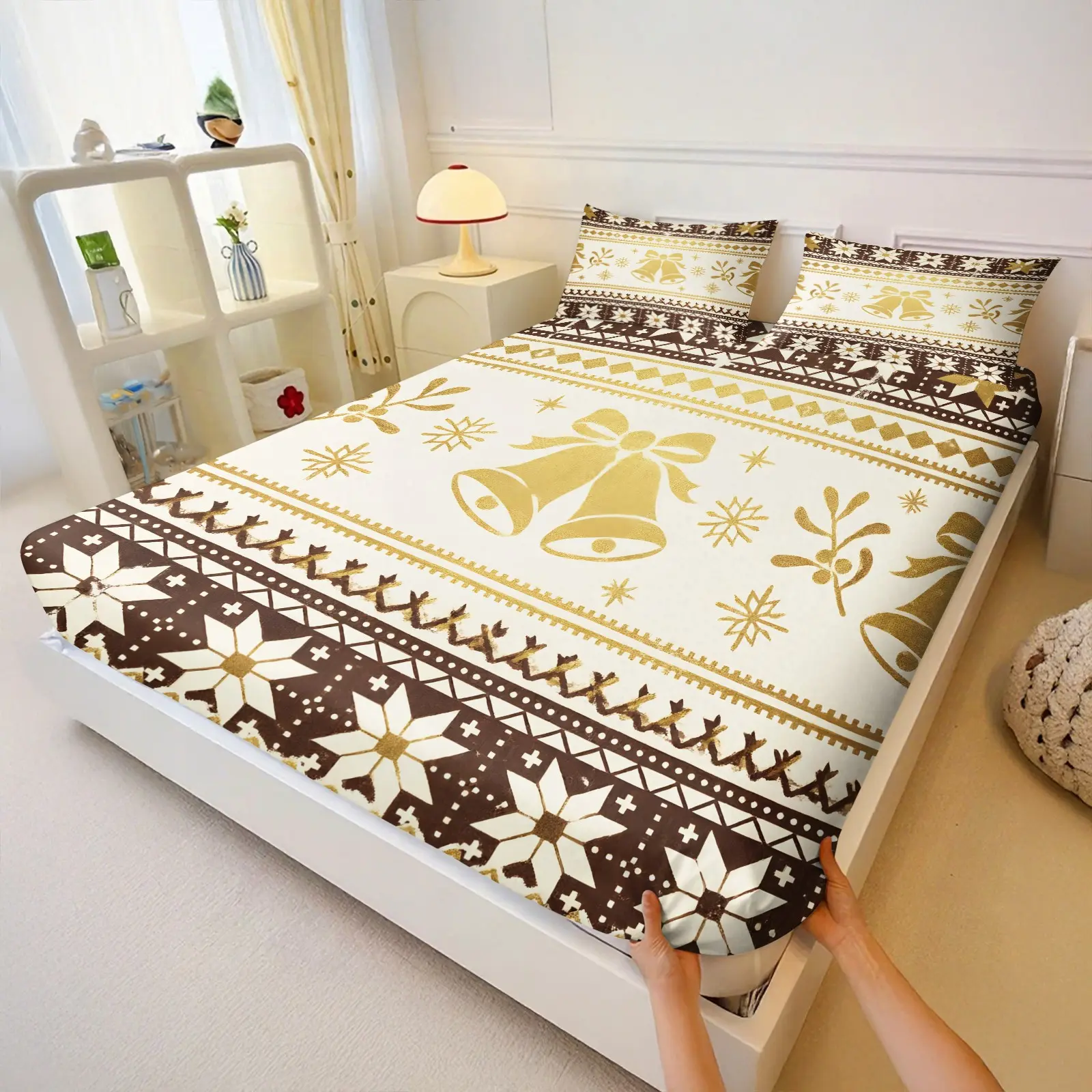 3PCS Retro Nordic Christmas Fair Isle Stripe Fitted Sheet Set, Soft Fiber Fabric, Deep Pocket Wrinkle Resistant, For Bedroom & Dorm, Multi Colors Available, Perfect Home Gift