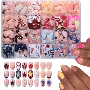 576pcs Short Oval Press-On Nails, Polka Dot Stripes, Star Elements, Cherry Flowers, Heart Prints, Party, Dance, Daily Wear