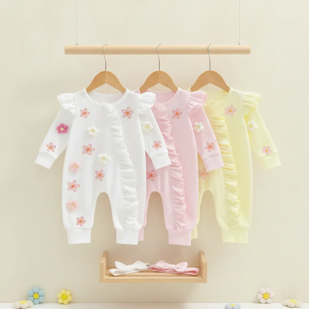 Baby Girl Fall Polyester Soft Fabric Sweet Look Long Sleeve Round Neck 3D Flower Ruffle Jumpsuit with Headband Set