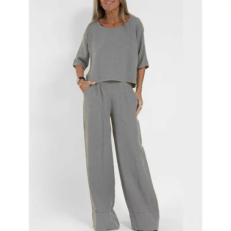 2026 Casual Fashion Women's Cotton Linen Solid Color Two Piece Set Spring Summer Short Sleeve Pullover Top And Pocket Pants Beach Wear Outfit