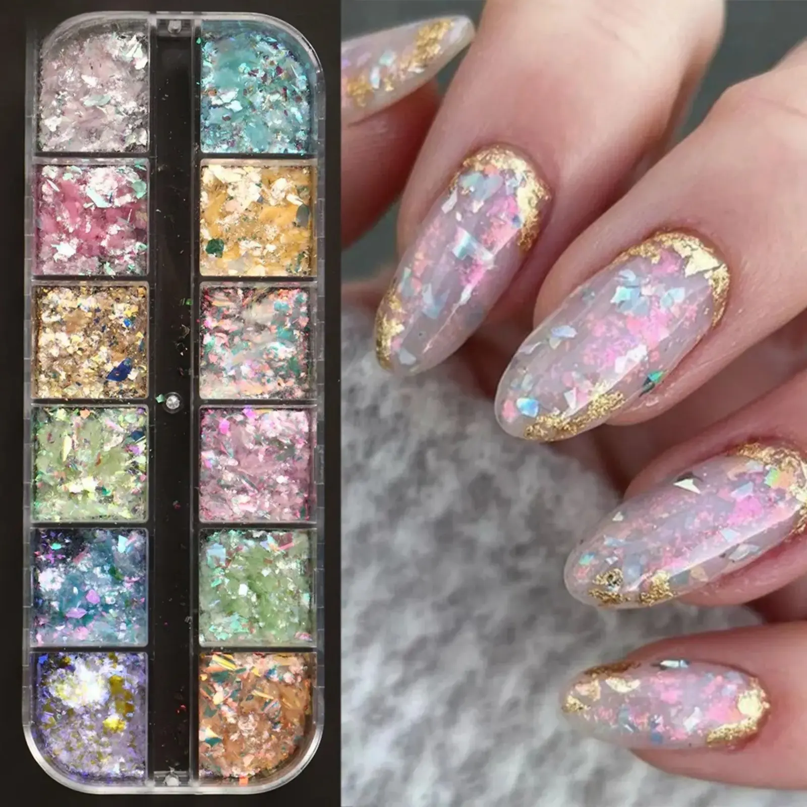 12 Colors Ultra-Thin Opal Nail Glitter Flakes, Aurora Iridescent Holographic Nail Sequins, Sparkly Nail Powder Supplies for DIY Manicure & Nail Art Decoration sohochic