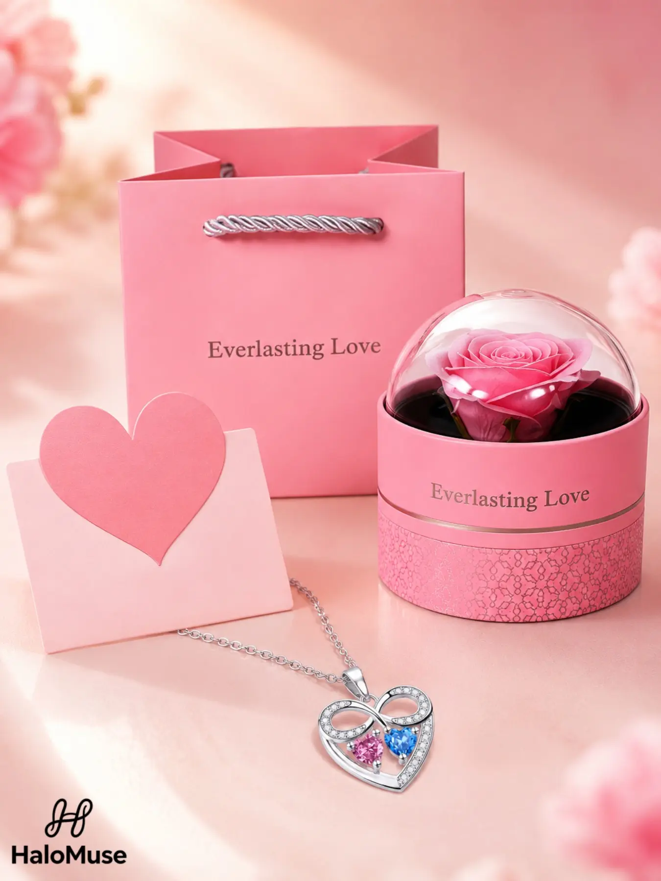 Halo Muse 1 Set Infinity Heart Necklace Gift Box, Romantic Sparkling Silver-Tone Pendant with Pink and Blue Heart Stones, Pink Preserved Rose Box and Card, Birthday Anniversary Valentine’s Day Gift for Her
