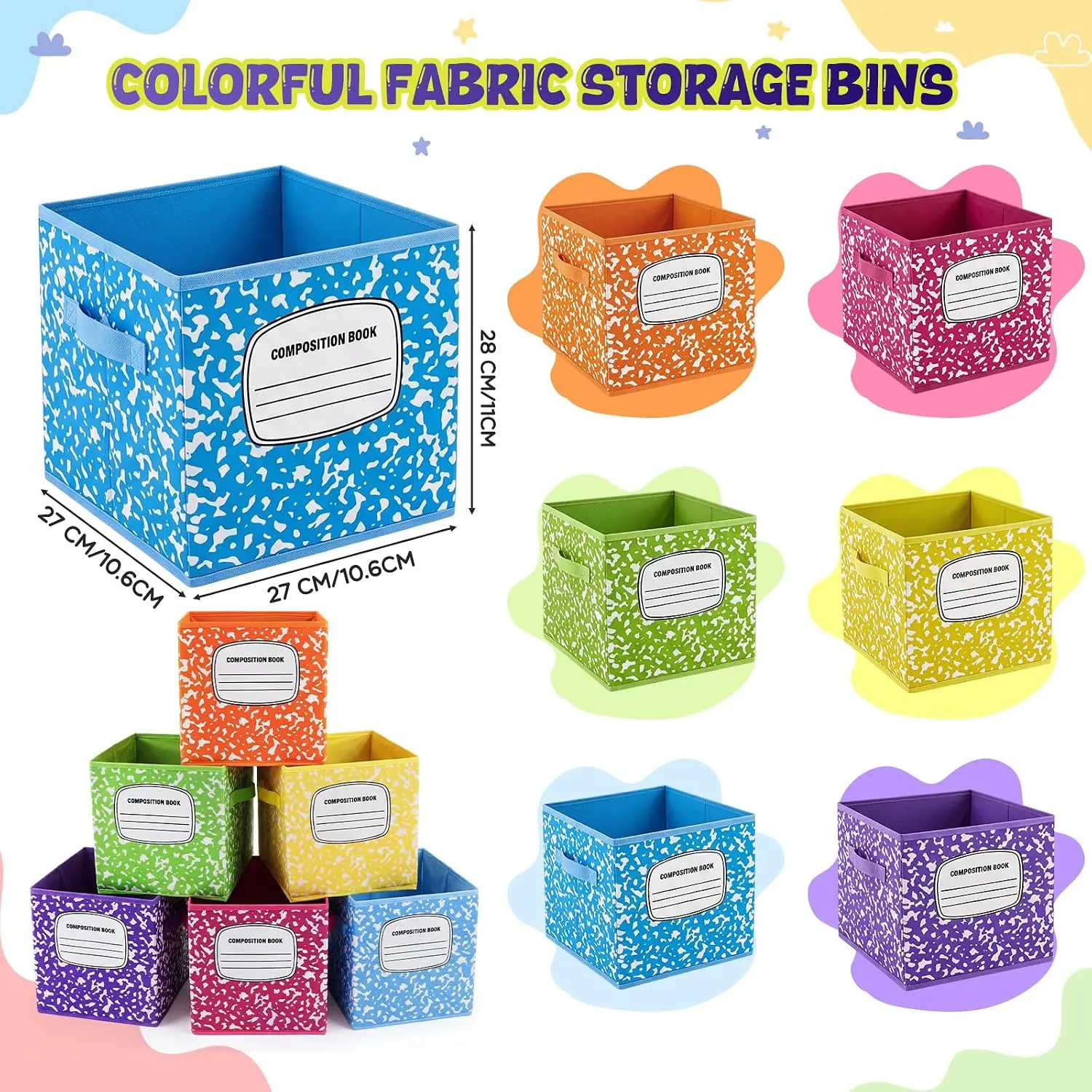 Bright Colors Fabric Bins - 11-Inch Composition Book Storage Containers for Classroom Organization (Kitchen & Cookware Accessory)