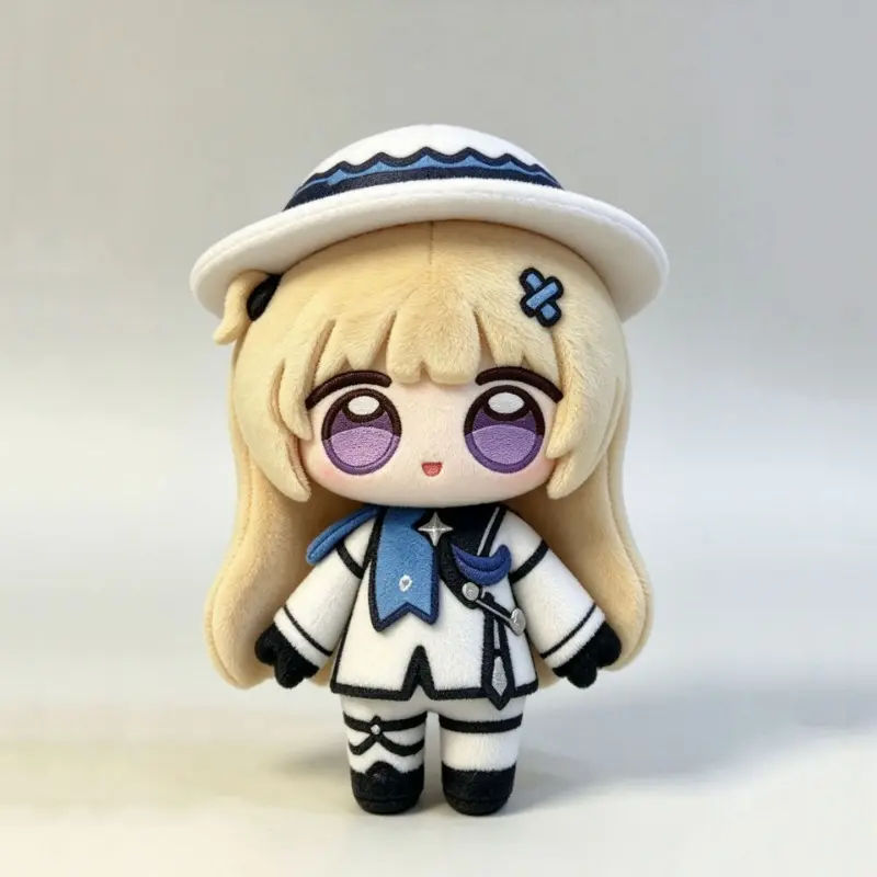 Phoebe Mini Light Blonde Long Hair Stuffed Doll - Unisex White-Navy Uniform With Blue Trim, Cute Mini Beret, Anime Game Merch, Cabinet Decoration, Hang On School Backpack Gift, Gaming Cabinet